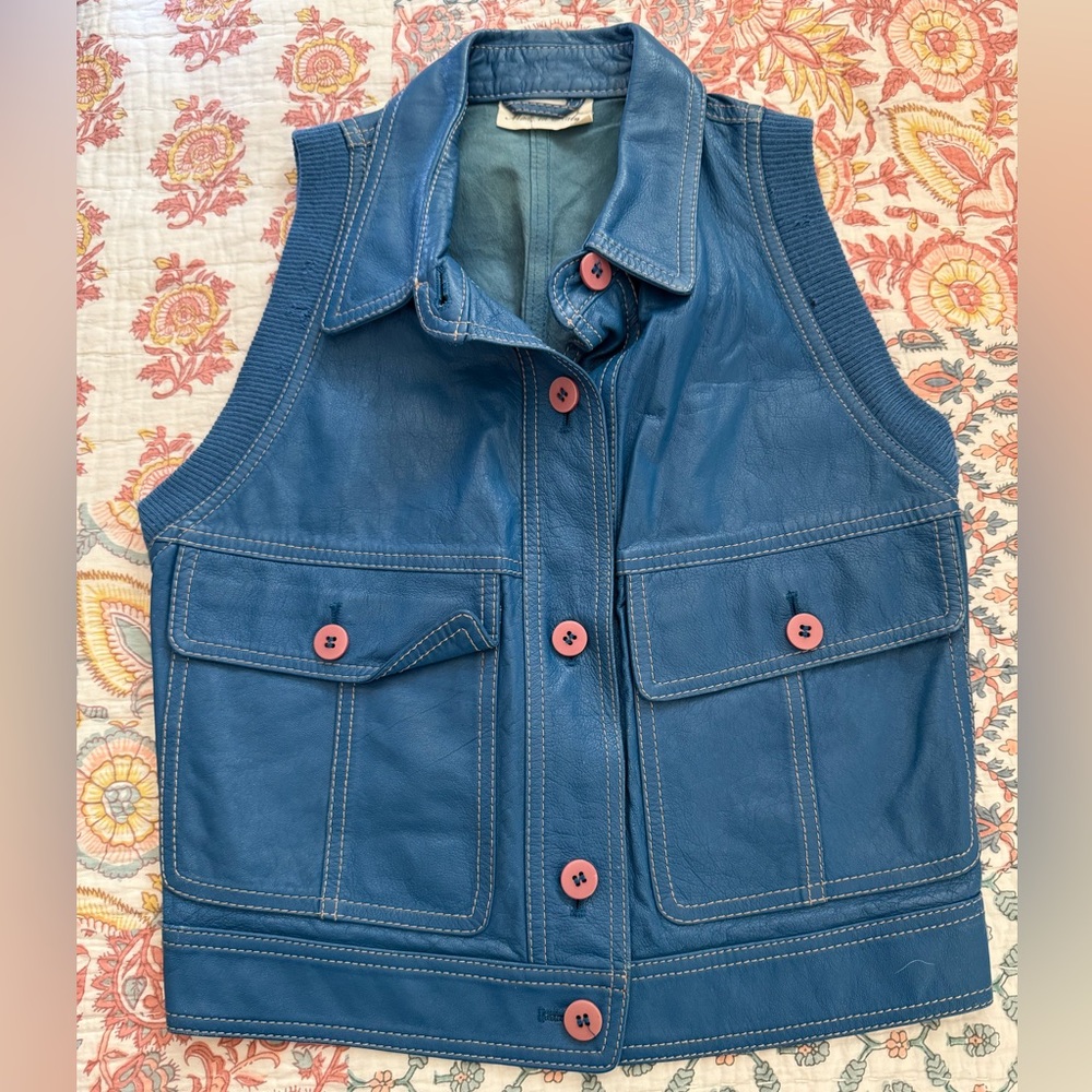 Italian Vintage | LA MATTA Teal Blue Blush Button Knit Armscyes Leather Vest